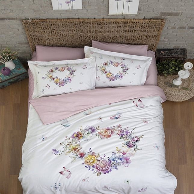 3D Спално бельо от памучен сатен – бяло и бледорозово със сърце от цветя