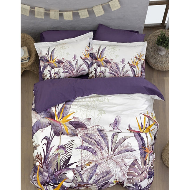 3D Спално бельо от памучен сатен – бяло и лилаво с екзотични листа и птици