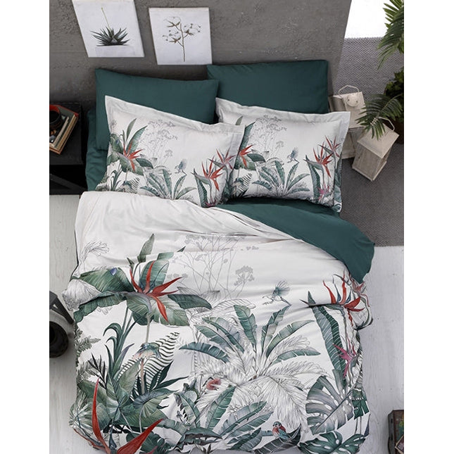 3D Спално бельо от памучен сатен – бяло и тъмнозелено с тропически листа и птички