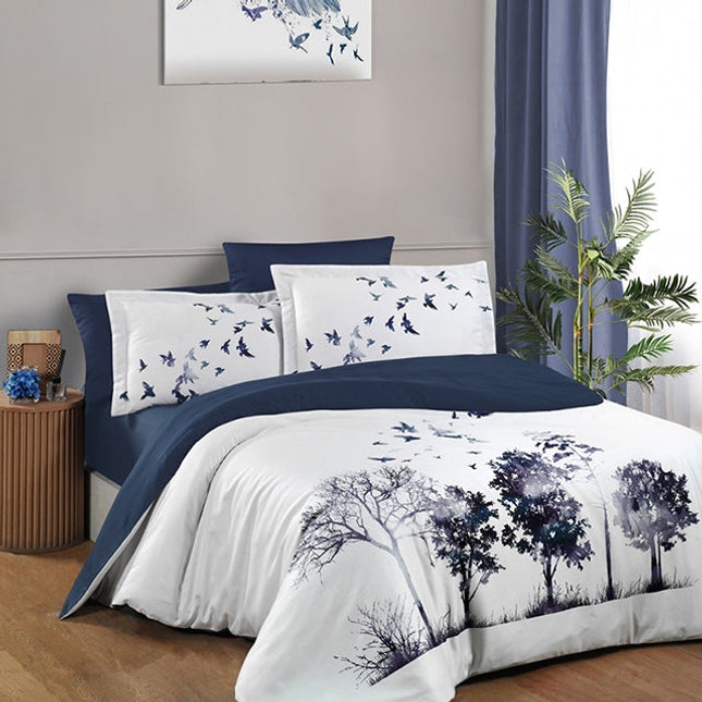 3D Спално бельо от памучен сатен – бял фон с дървета и птици