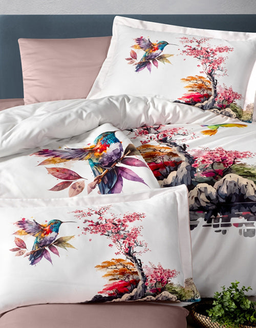 3D Спално бельо от памучен сатен – бяло с колибри и камъни