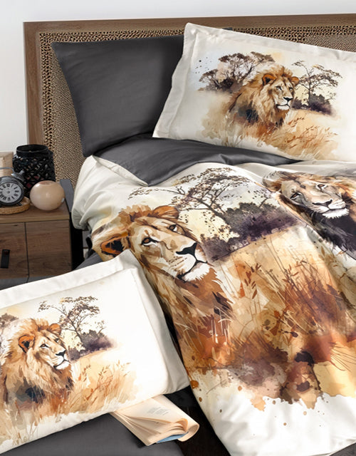 3D Спално бельо от памучен сатен – бяло с лъвове
