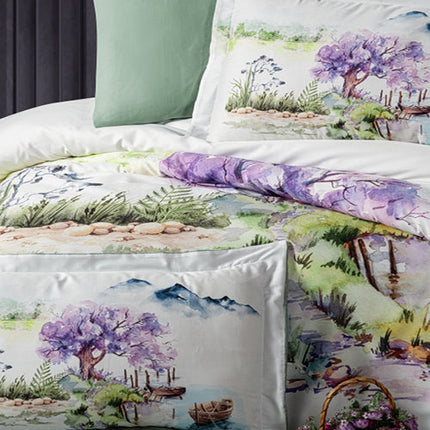 3D Спално бельо от памучен сатен – бяло с красив пейзаж