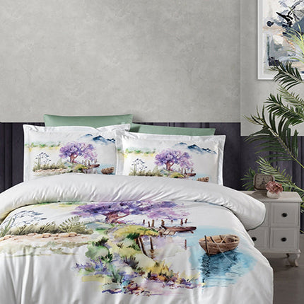 3D Спално бельо от памучен сатен – бяло с красив пейзаж