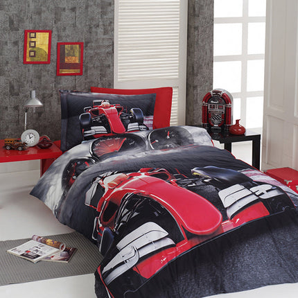 3D Единично спално бельо от памучен сатен – сив фон с червена формула