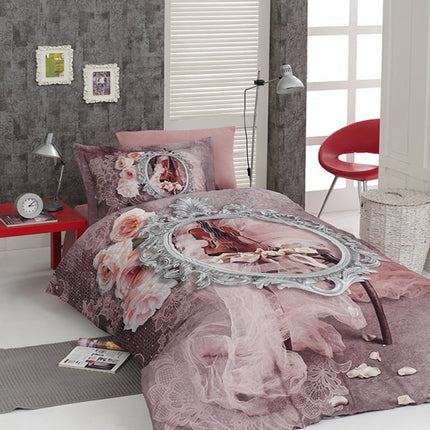 3D Единично спално бельо от памучен сатен – розов фон с цигулка и рози