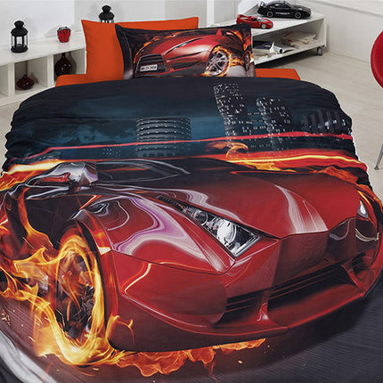 3D Единично спално бельо от памучен сатен – тъмен фон с бърза червена кола