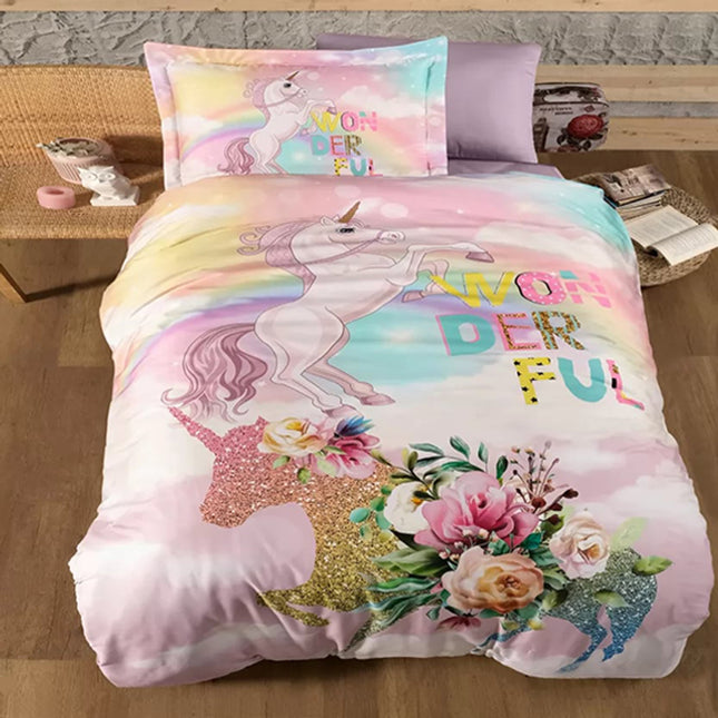 Единично спално бельо от памучен сатен - розово с еднорог и цветя 