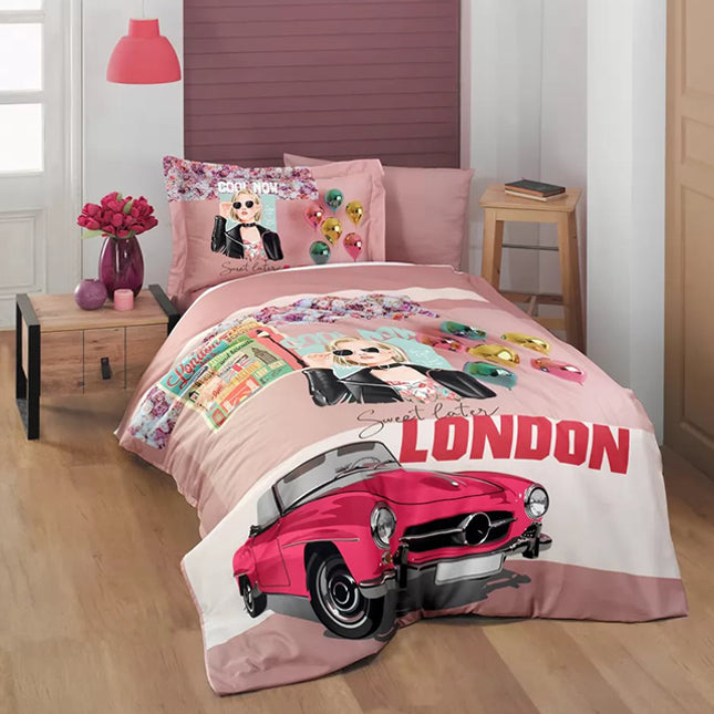 Единично спално бельо от памучен сатен - розово с кола и надпис