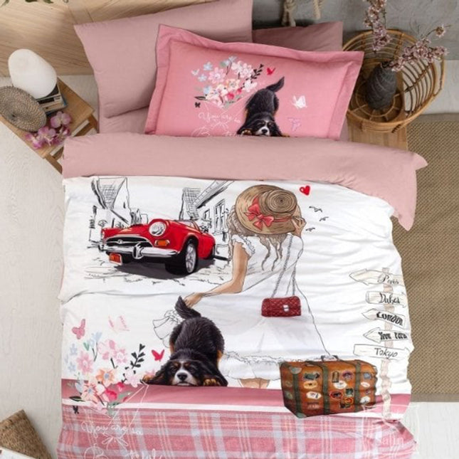 Единично спално бельо от памучен сатен - розово и бяло с момиче