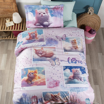 Единично спално бельо от памучен сатен - многоцветен с котенца