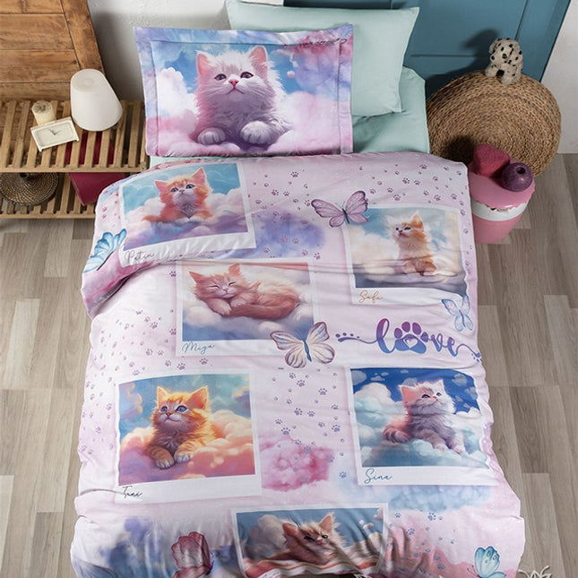 Единично спално бельо от памучен сатен - многоцветен с котенца