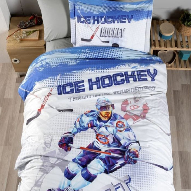 Единично спално бельо от памучен сатен - бяло и синьо с хокей на лед