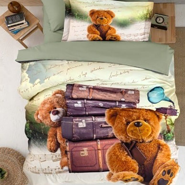 Единично спално бельо от памучен сатен - бяло и зелено с мечета и книги