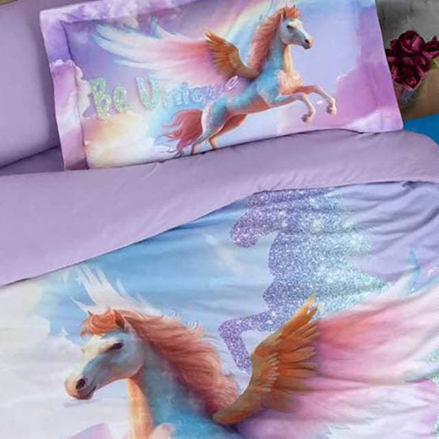 3D Единично спално бельо от памучен сатен - лилаво с еднорог - 3D1-24