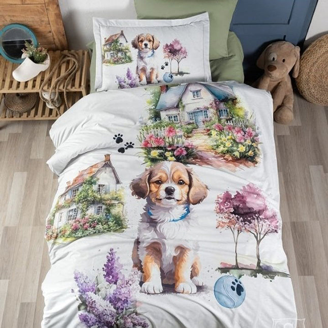 Единично спално бельо от памучен сатен - бяло и зелено с кученце и пейзаж