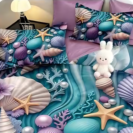5D Спално бельо с ластик – лилаво с морски мотив - 5D-12