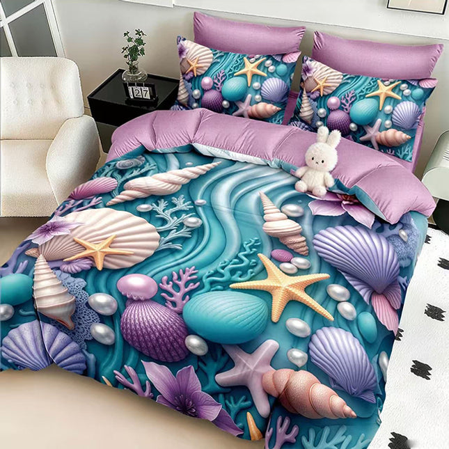 5D Спално бельо с ластик – лилаво с морски мотив