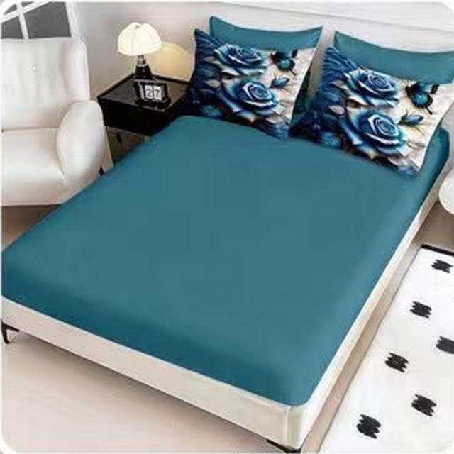 5D Спално бельо с ластик – тъмносиньо с рози - 5D-13