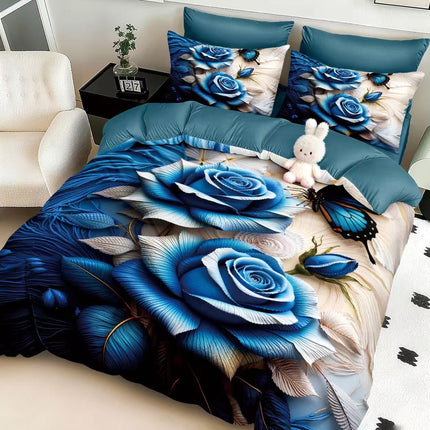 5D Спално бельо с ластик – тъмносиньо с рози