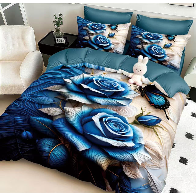 5D Спално бельо с ластик – тъмносиньо с рози