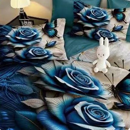 5D Спално бельо с ластик – тъмносиньо с рози - 5D-13