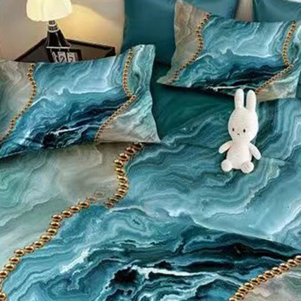 5D Спално бельо с ластик – син с мраморен мотив - 5D-18