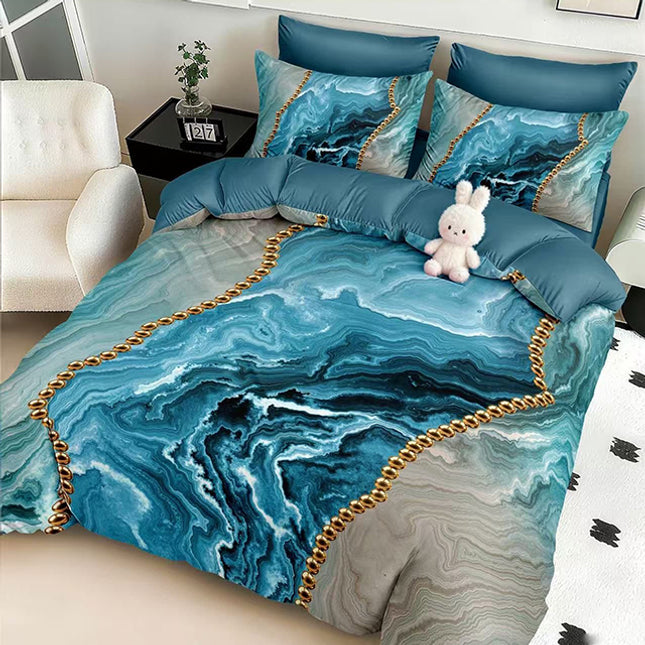 5D Спално бельо с ластик – син с мраморен мотив