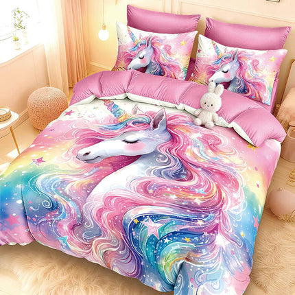 5D Спално бельо с ластик – розов с еднорог