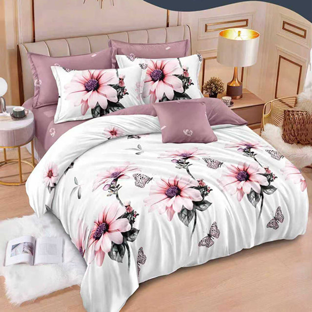 Спално бельо от 100% памук - бяло и розово с цветя