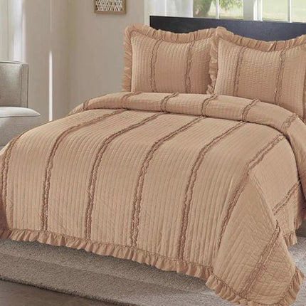 Луксозна кувертюра от 100% памук - светлокафяво с бродирани линии