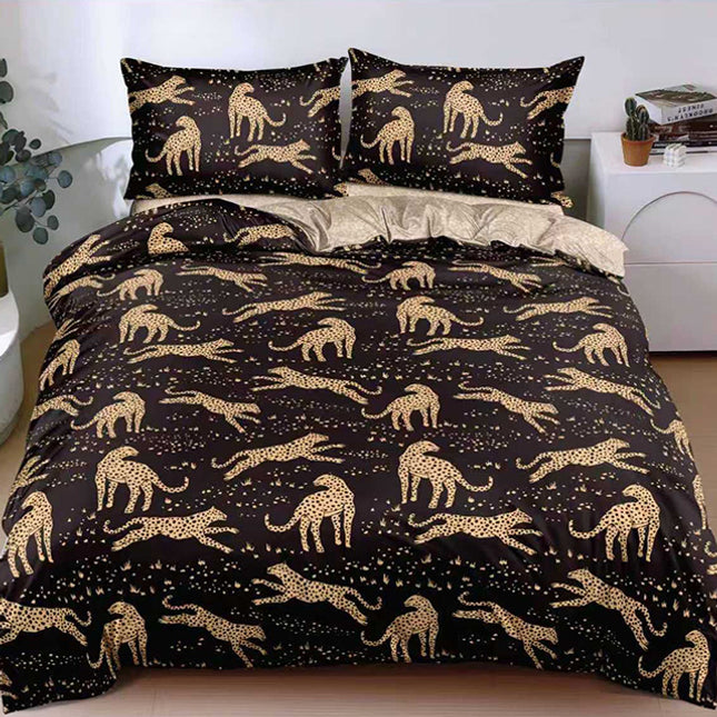 Спално бельо от поликотън – черно и бежово с леопарди 