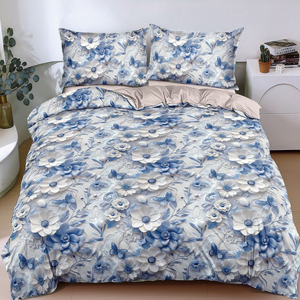 Спално бельо от поликотън – синьо и сиво с цветя 