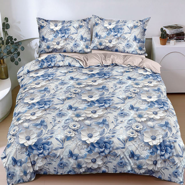 Спално бельо от поликотън – синьо и сиво с цветя 