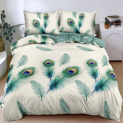 Спално бельо от поликотън – бяло и зелено с пера 