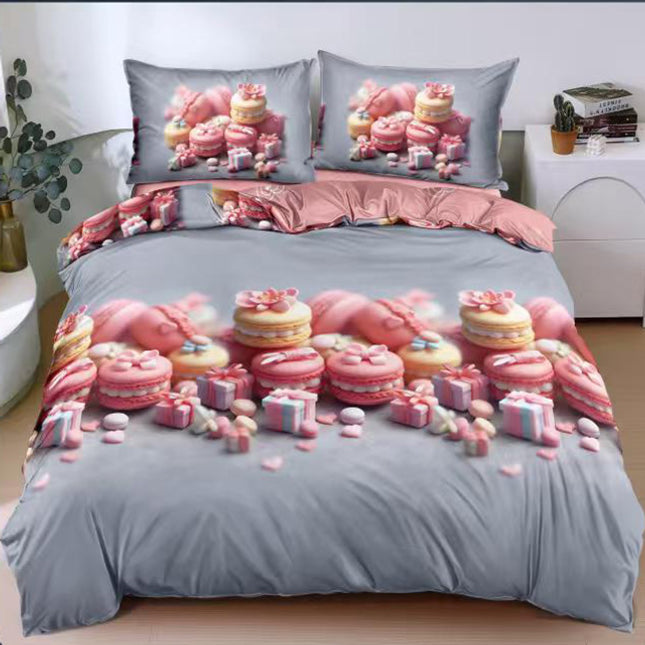 Спално бельо от поликотън – сиво и розово с френски макарони 