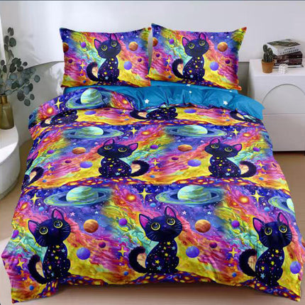 Спално бельо от поликотън – многоцветно с котки и планети 