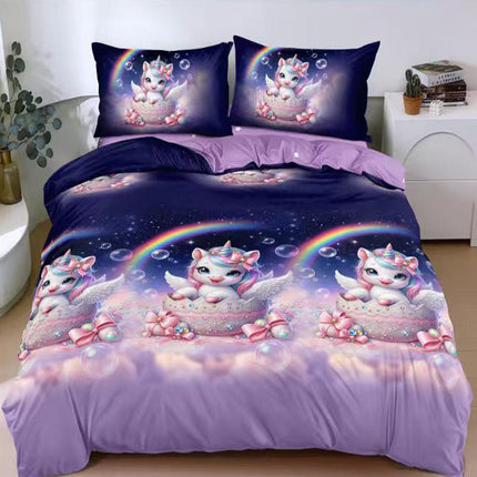 Спално бельо от поликотън – лилаво и синьо с еднорози 