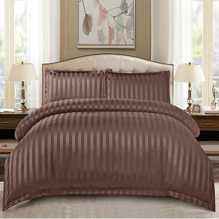 Едноцветно спално бельо с ластик - тъмнокафяв цвят с райе - AT026