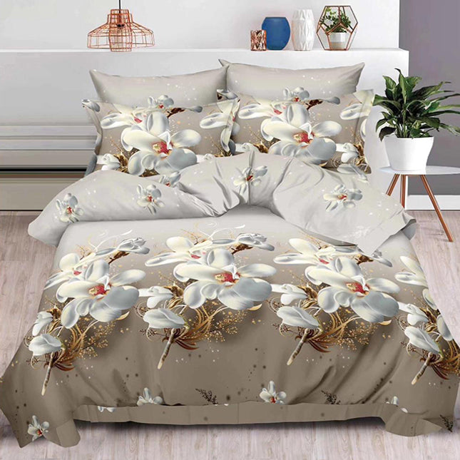 Комплект 3D спално бельо от 6 части - тъмнобежово с орхидеи