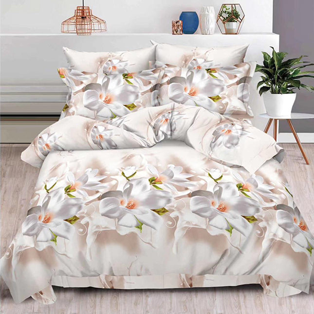 Комплект 3D спално бельо от 6 части - цвят крем с бели орхидеи