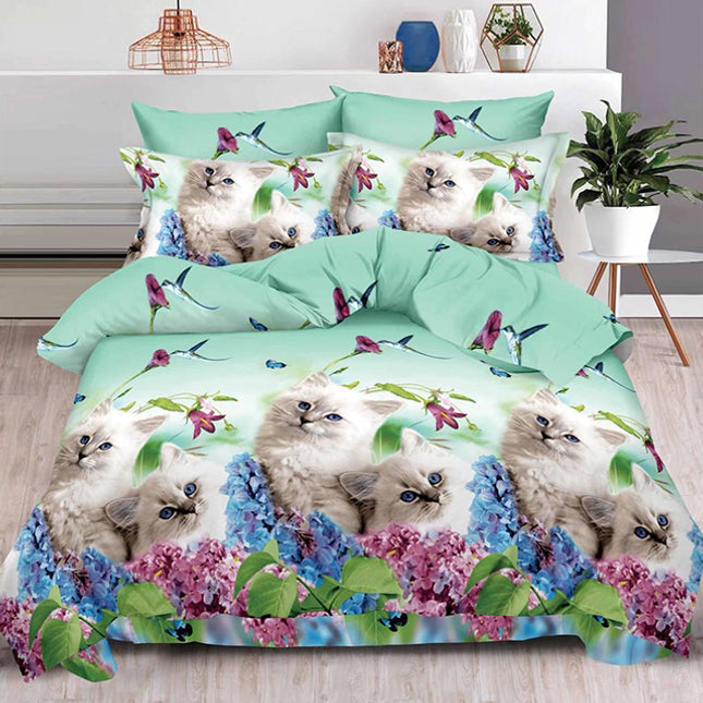 Комплект 3D спално бельо от 6 части - цвят тюркоаз с котенца