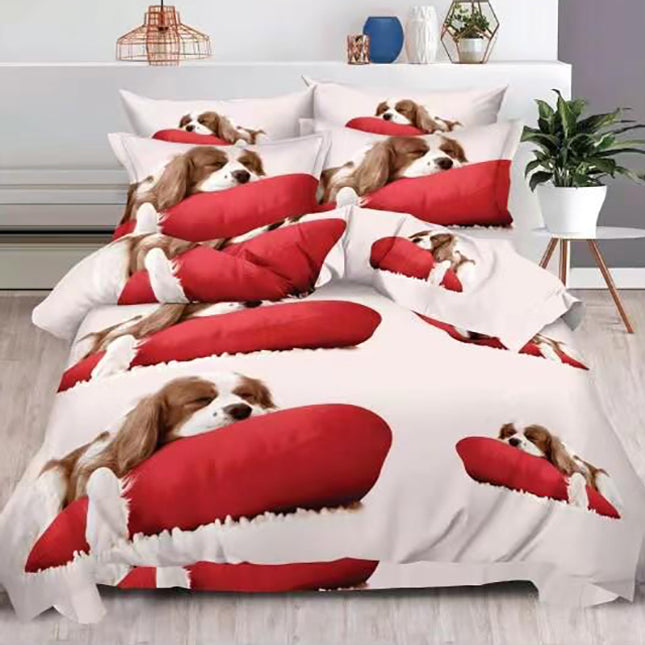Комплект 3D спално бельо от 6 части - бежов цвят с кученце