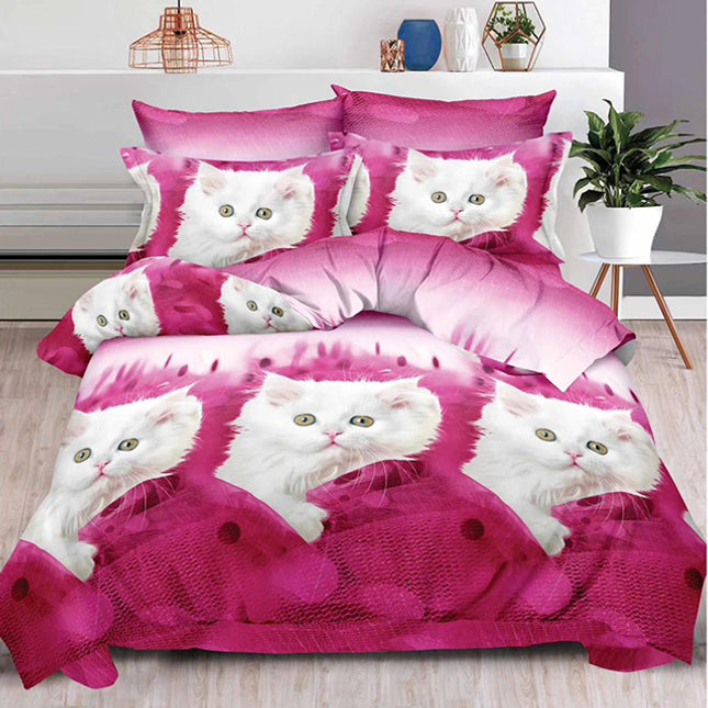 Комплект 3D спално бельо от 6 части - розов цвят с котенца