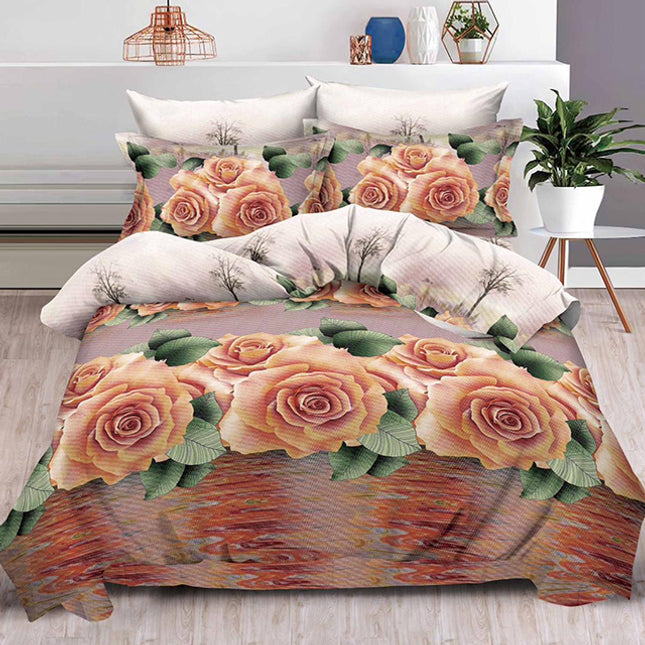 Комплект 3D спално бельо от 6 части - бежов цвят с кремави рози