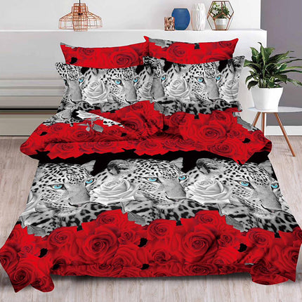 Комплект 3D спално бельо от 6 части - с червени рози и тигри