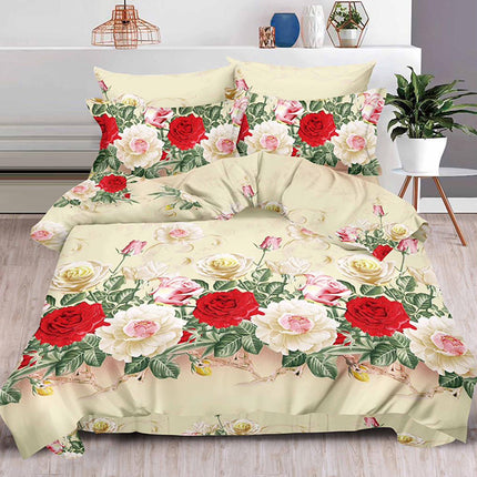 Комплект 3D спално бельо от 6 части - цвят крем с красиви цветя