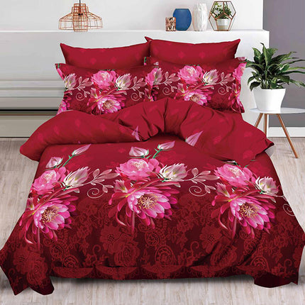 Комплект 3D спално бельо от 6 части -червен цвят с цветя