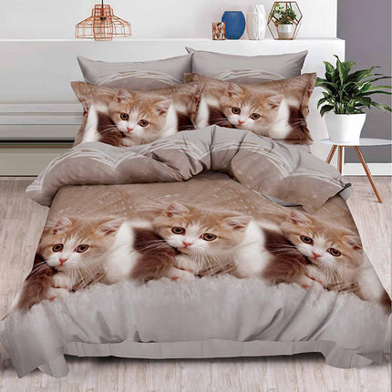 Комплект 3D спално бельо от 6 части - сиво и кафяво с котенца