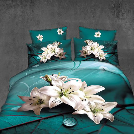 Комплект 3D спално бельо от 6 части - цвят тюркоаз с бели цветя
